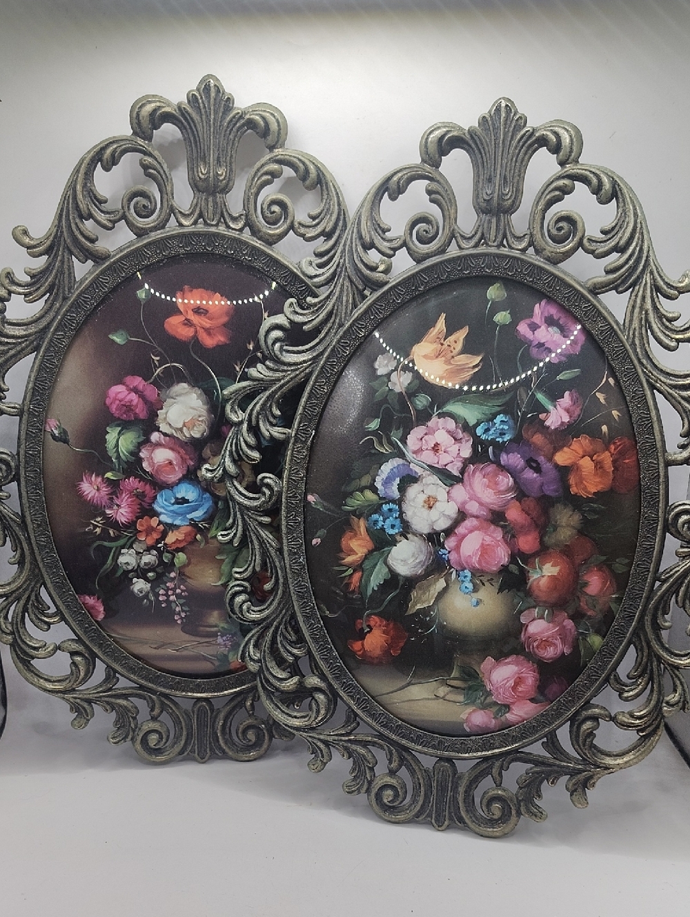 Vintage Italian Oval Brass Frame with Floral Design and Convex Glass - Set Of 2